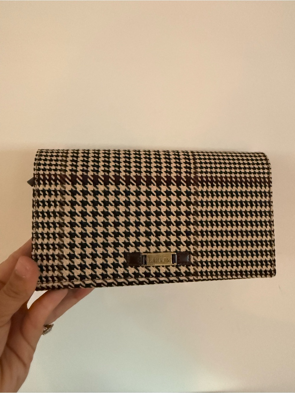 Vintage Lauren Ralph Lauren Houndstooth Plaid Brown Clutch Purse NWOT